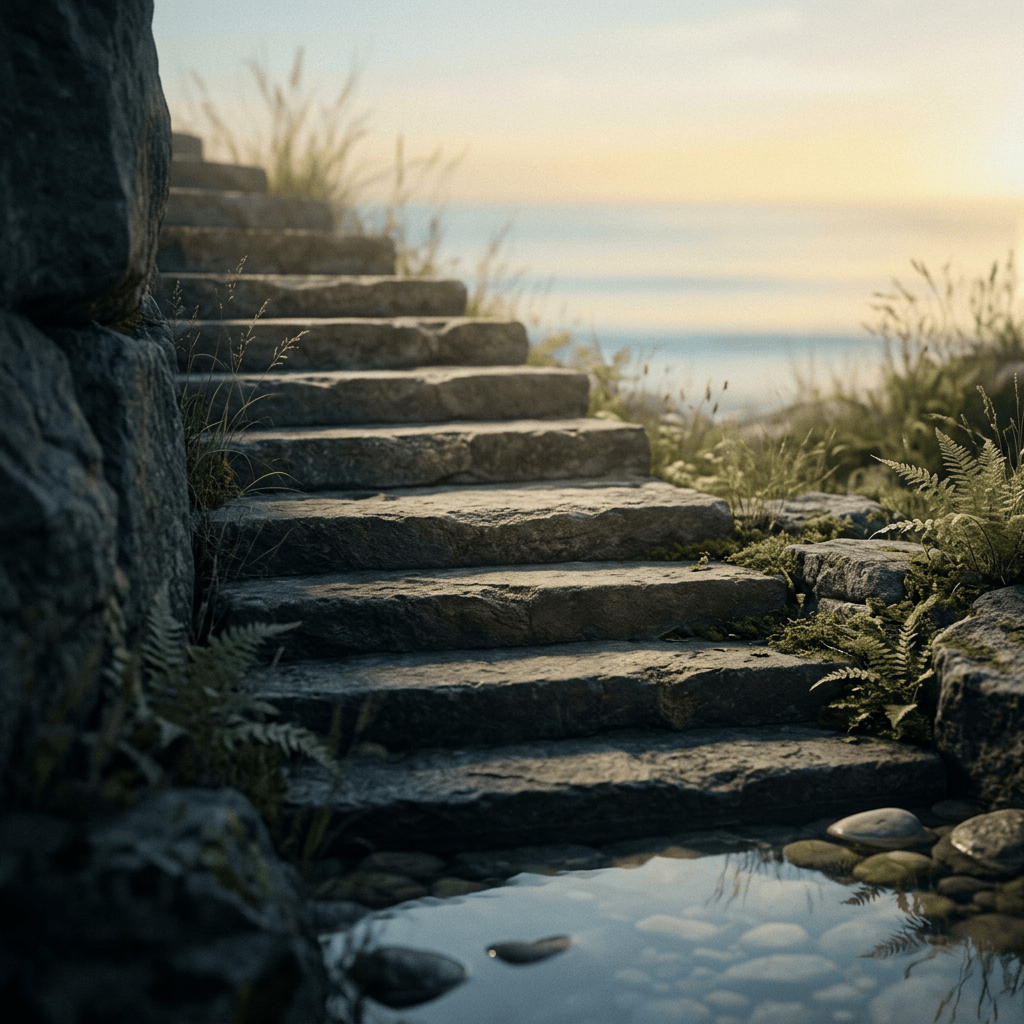 Weathered stone steps beside ferns lead toward a calm shoreline