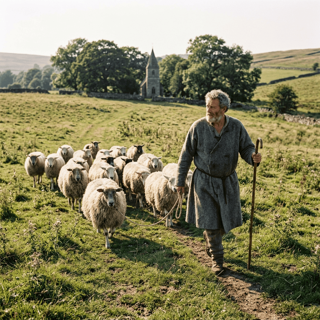 Shepherd guiding sheep through a green field near a stone church
