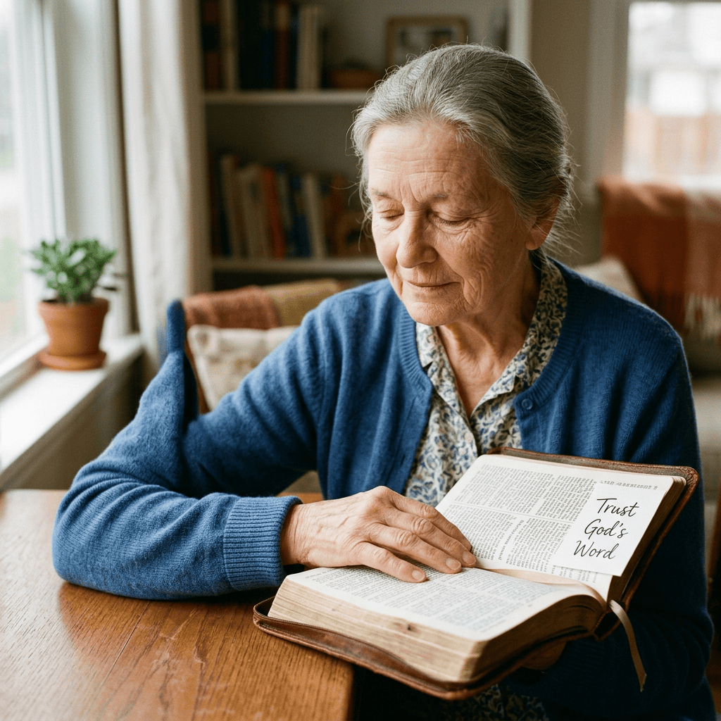 Older woman reading an open Bible labeled “Trust God’s Word”