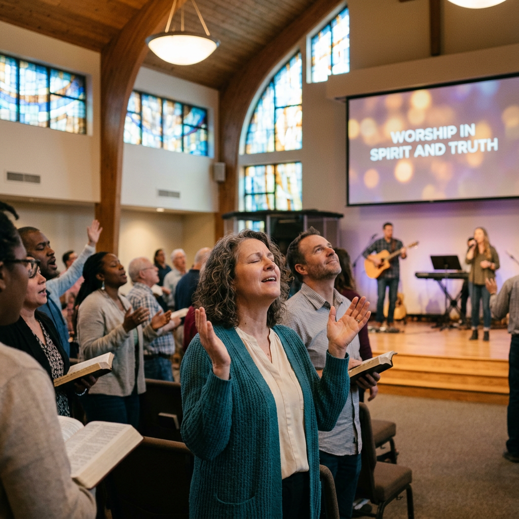 Congregation worshipping with raised hands during live music in a church sanctuary