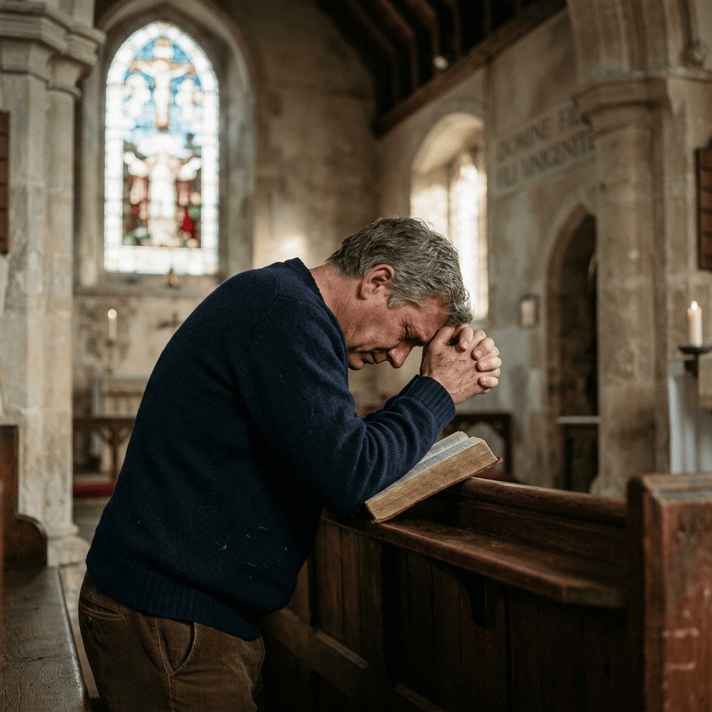 Man praying over an open Bible inside a historic church