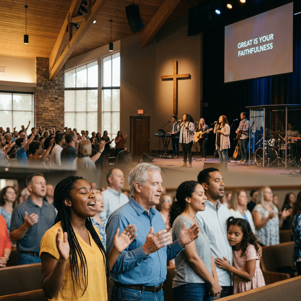 Congregation worshiping as musicians perform beneath a screen reading “GREAT IS YOUR FAITHFULNESS”